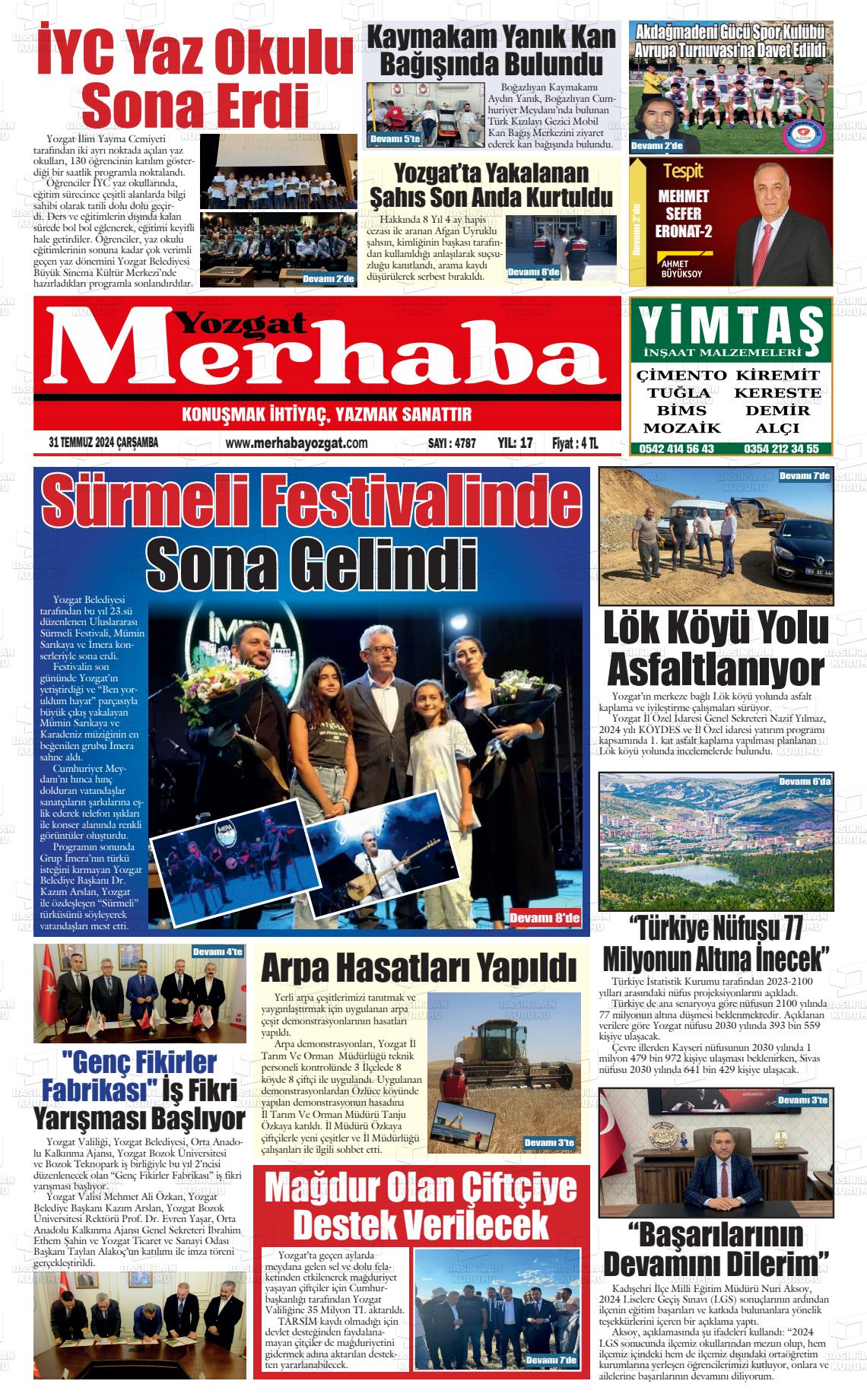 31 Temmuz 2024 Merhaba Yozgat Gazete Manşeti