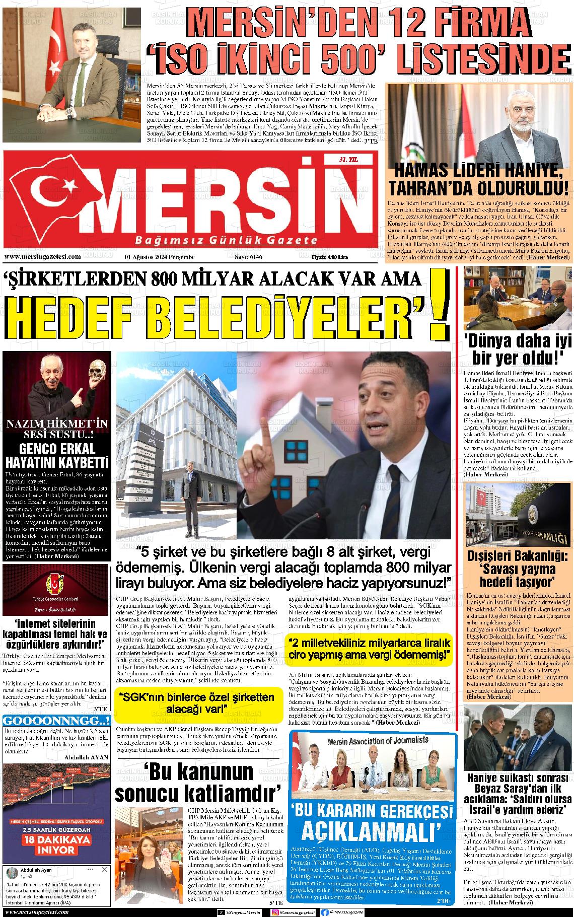 01 Ağustos 2024 Mersin Gazete Manşeti