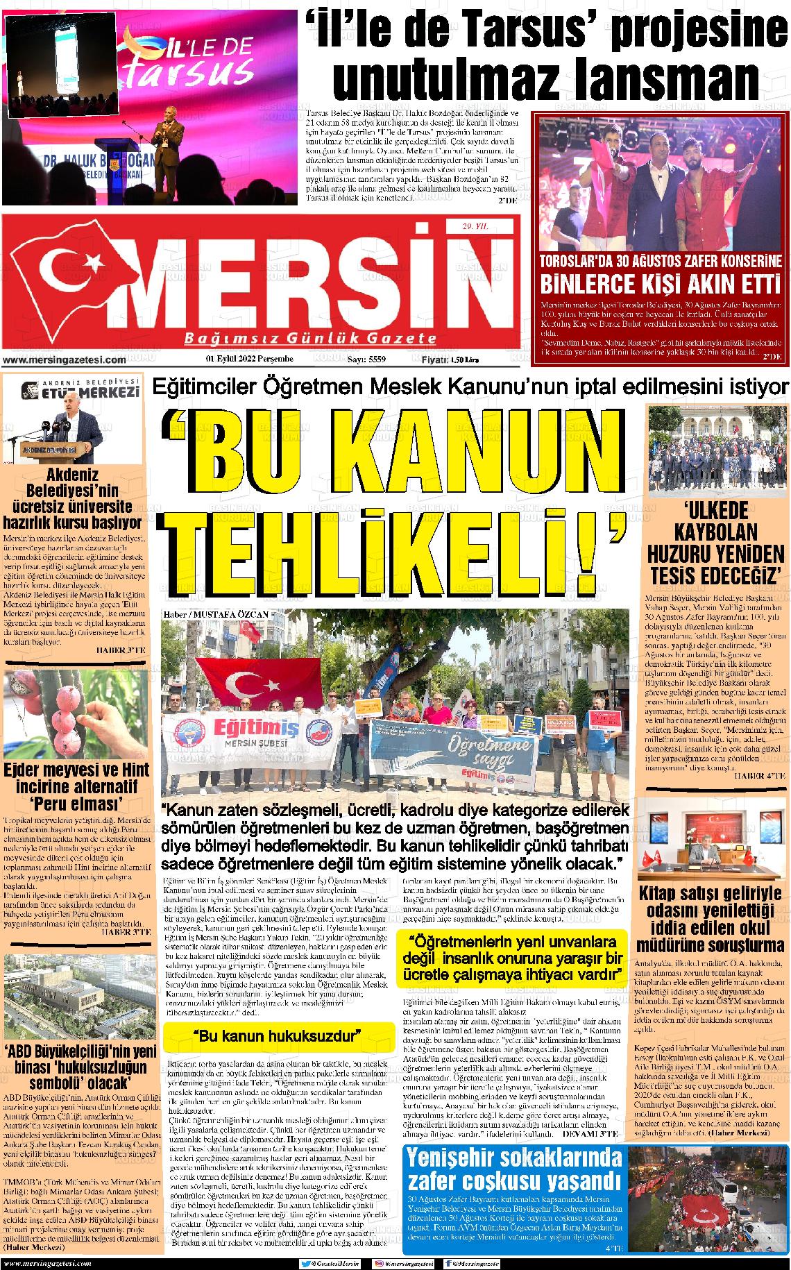 01 Eylül 2022 Mersin Gazete Manşeti