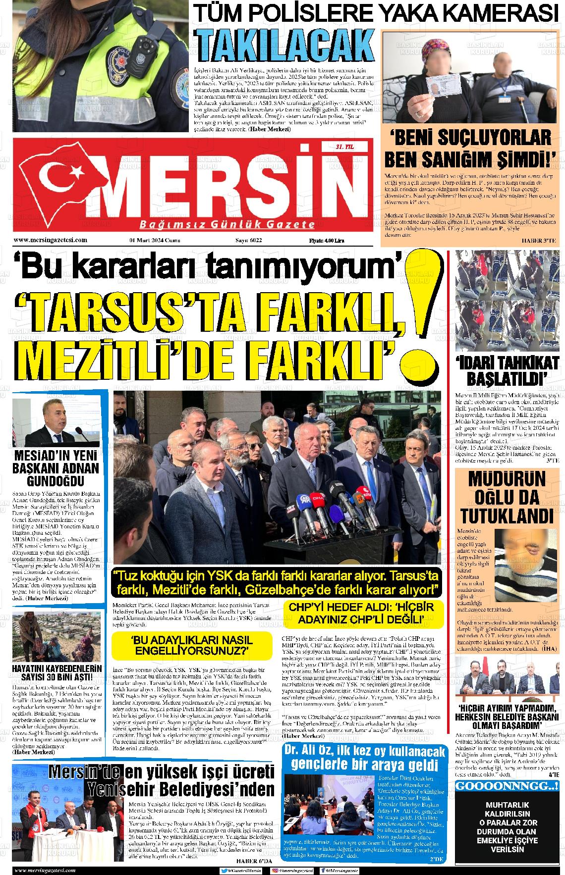 01 Mart 2024 Mersin Gazete Manşeti