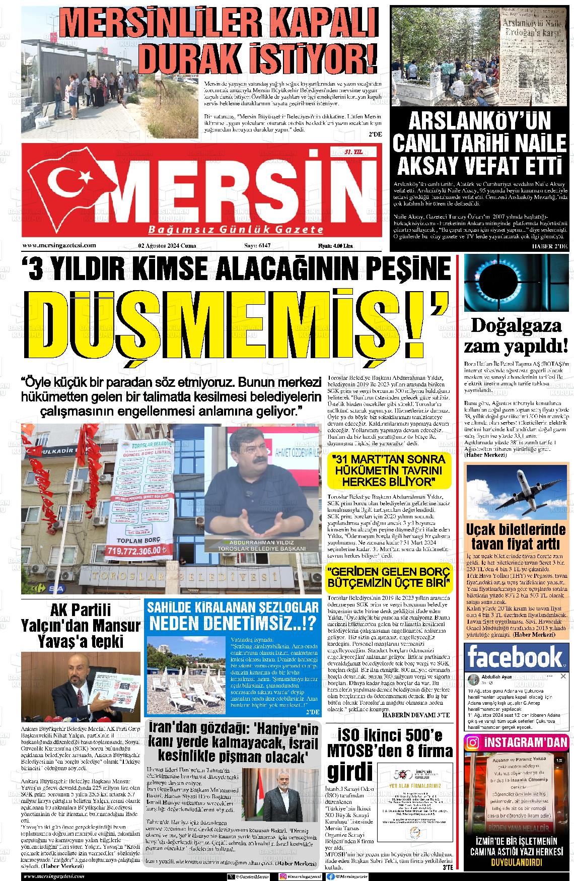 02 Ağustos 2024 Mersin Gazete Manşeti