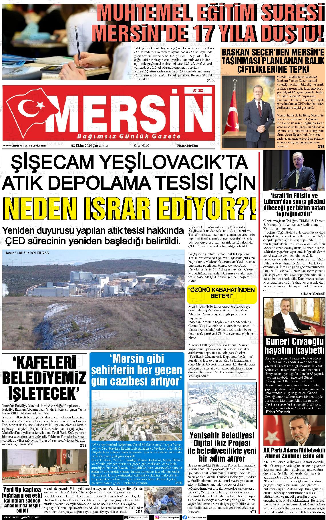 02 Ekim 2024 Mersin Gazete Manşeti