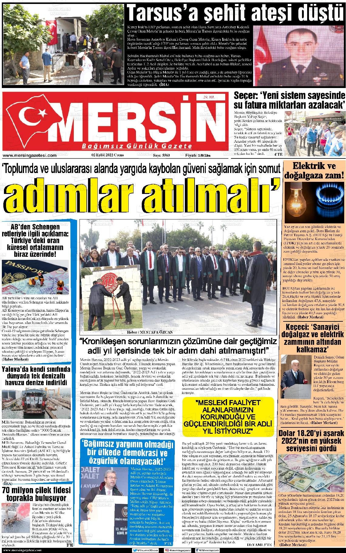 02 Eylül 2022 Mersin Gazete Manşeti