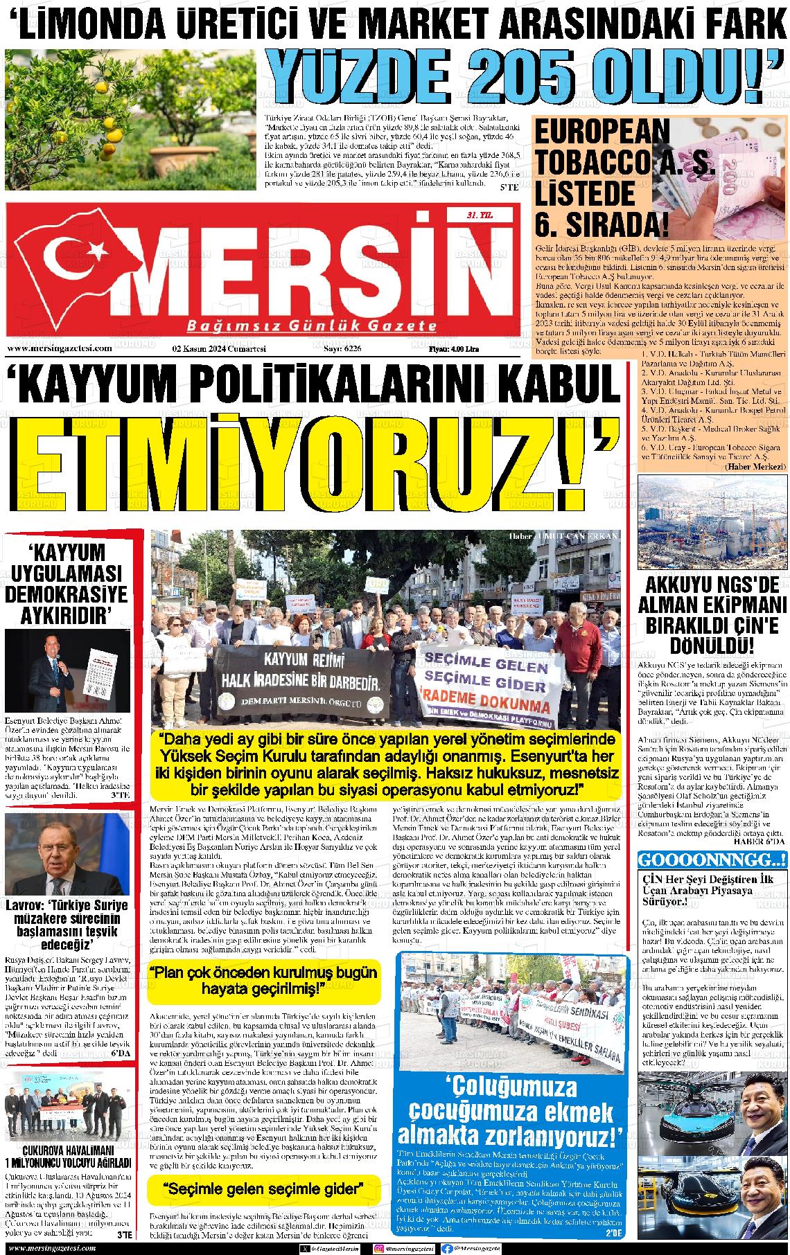 02 Kasım 2024 Mersin Gazete Manşeti