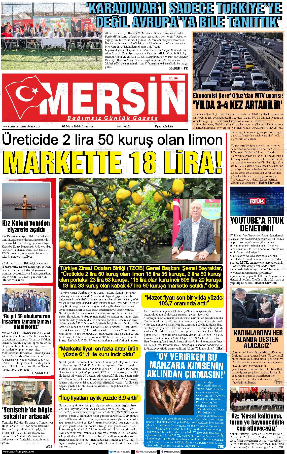 02 Mart 2024 Mersin Gazete Manşeti