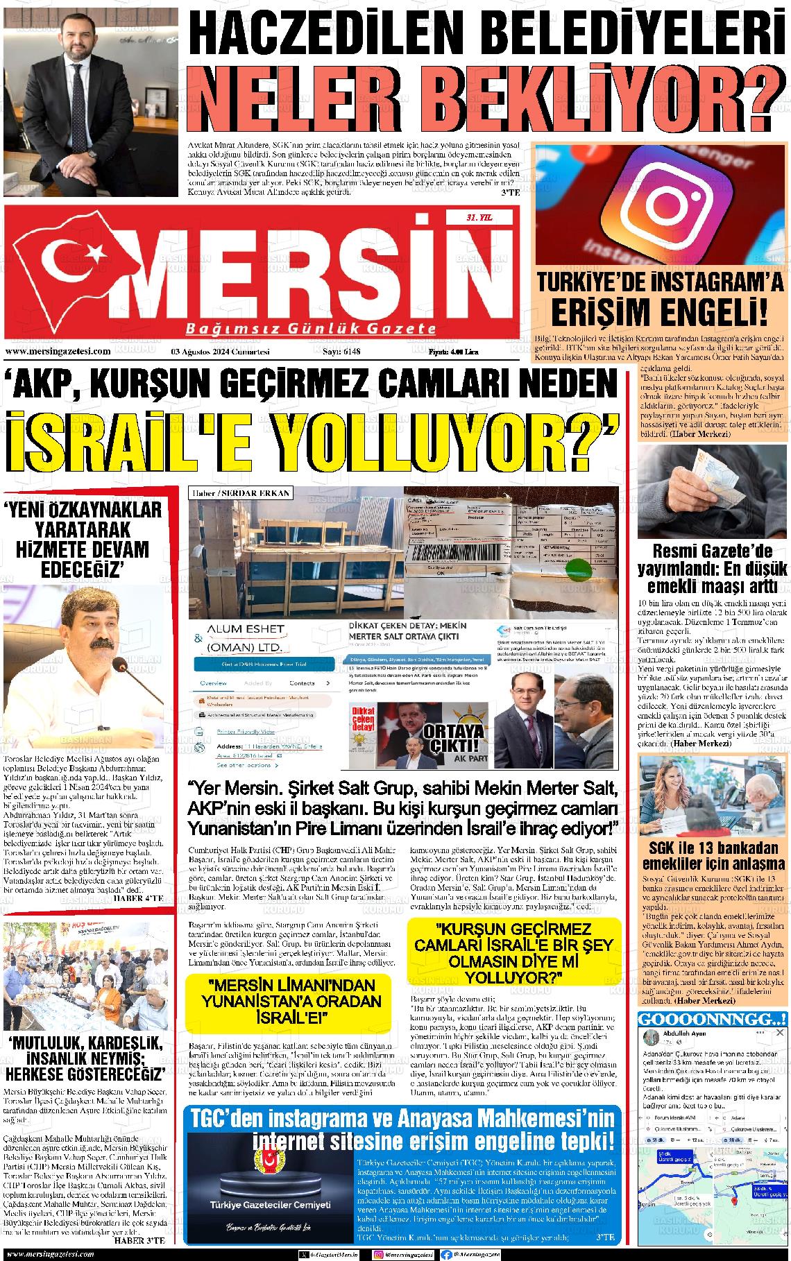 03 Ağustos 2024 Mersin Gazete Manşeti