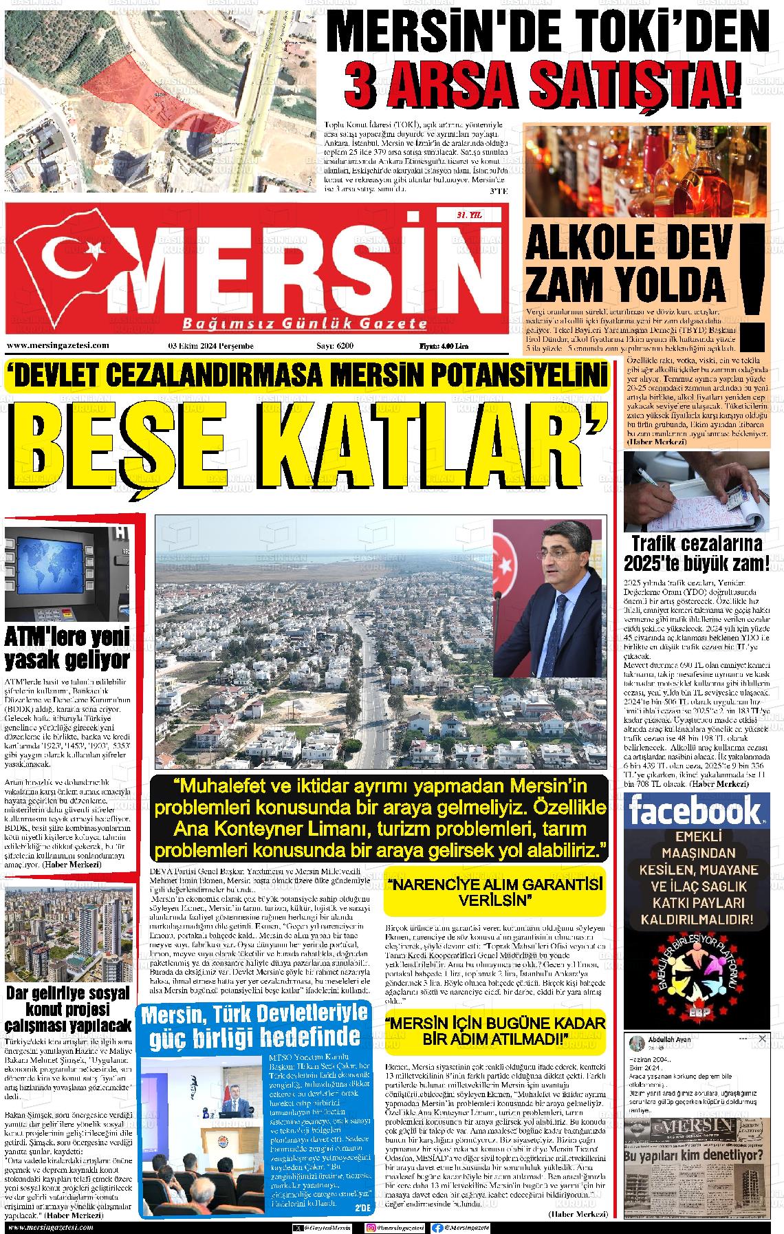 03 Ekim 2024 Mersin Gazete Manşeti