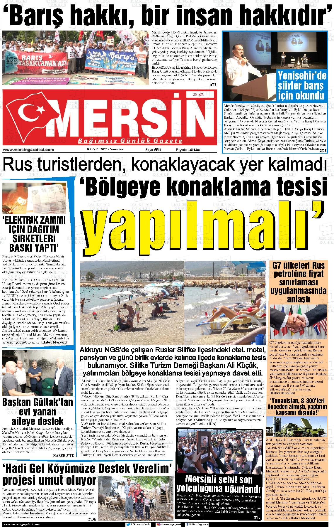 03 Eylül 2022 Mersin Gazete Manşeti