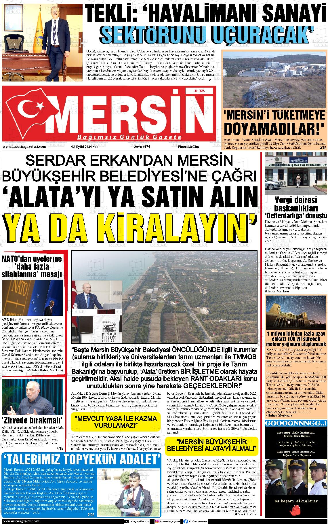 03 Eylül 2024 Mersin Gazete Manşeti