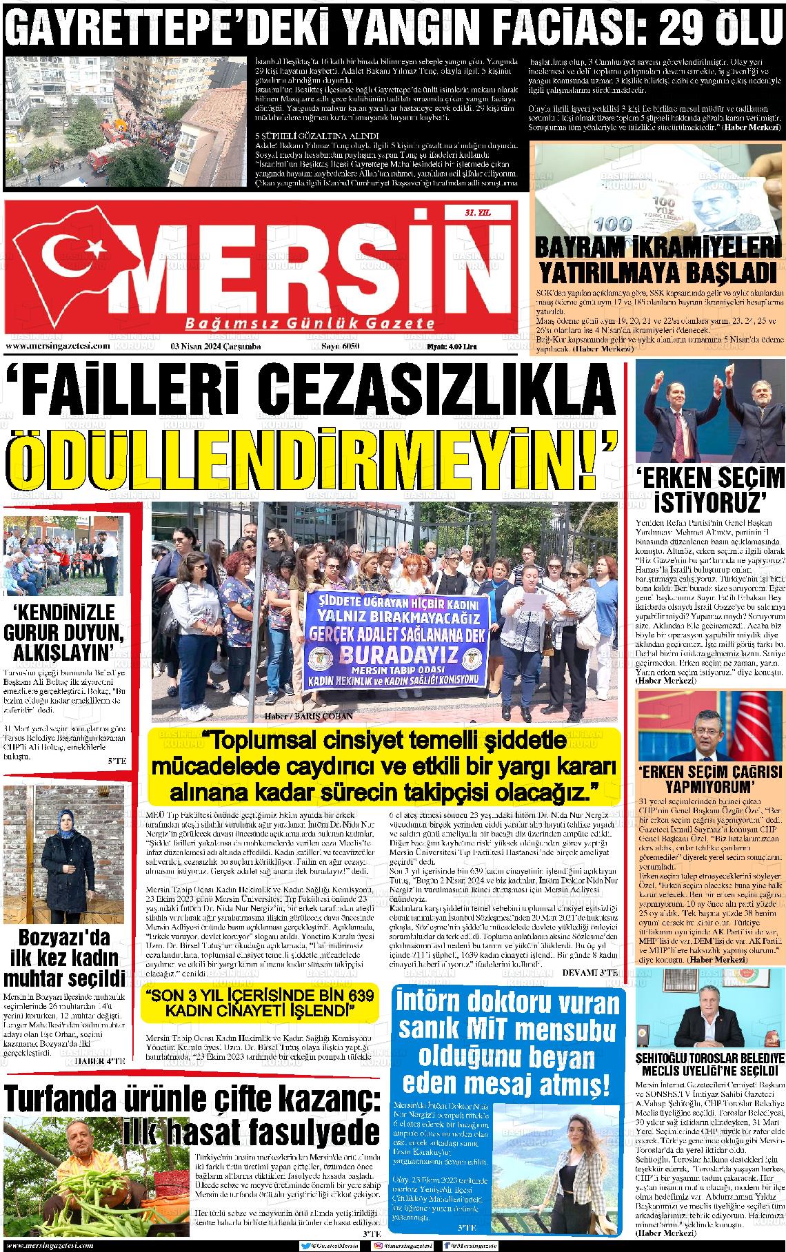 03 Nisan 2024 Mersin Gazete Manşeti