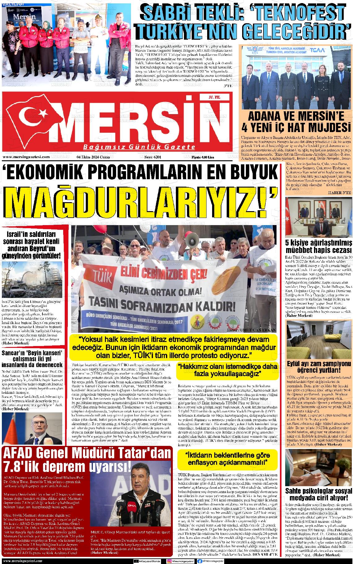 04 Ekim 2024 Mersin Gazete Manşeti