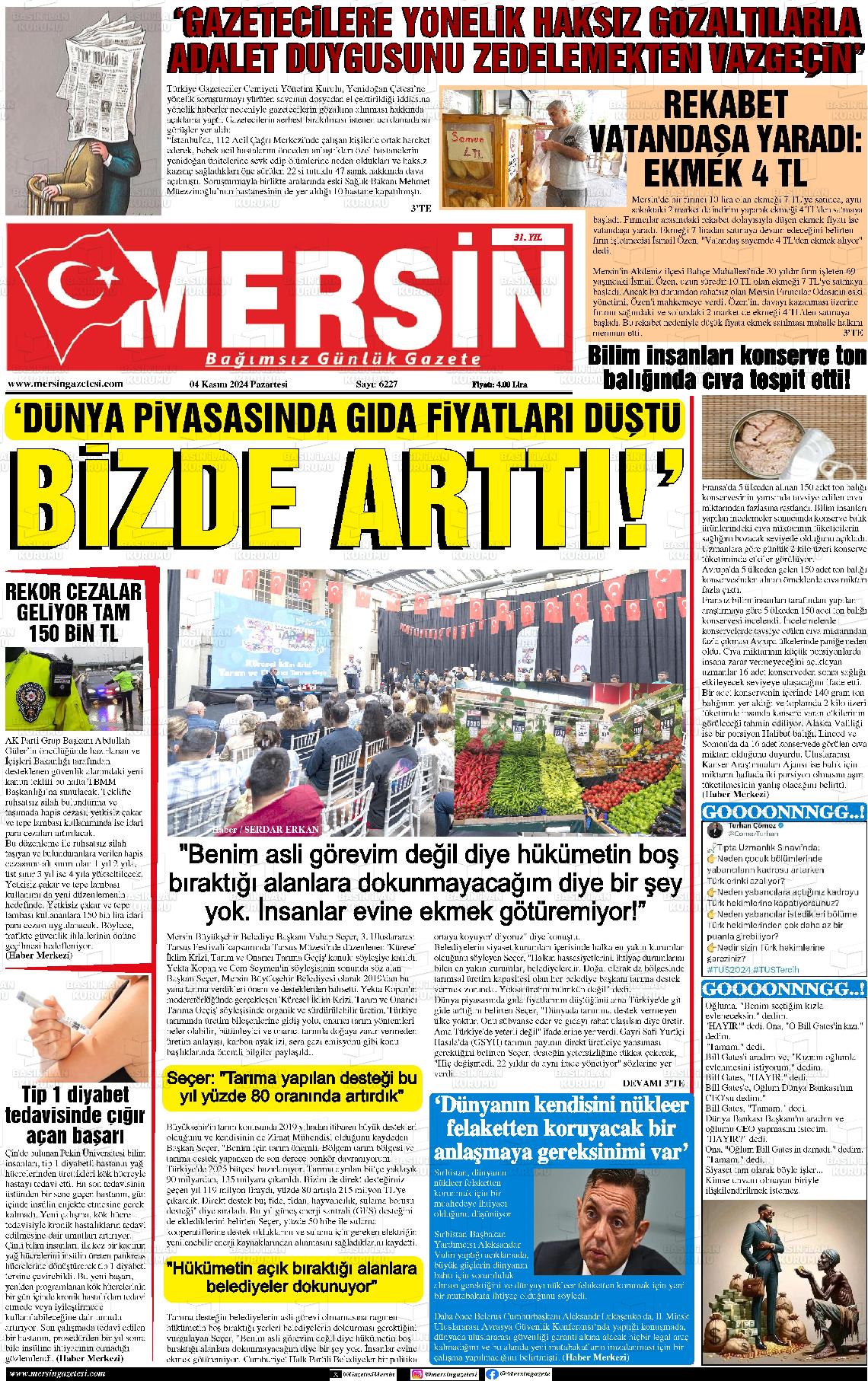 04 Kasım 2024 Mersin Gazete Manşeti