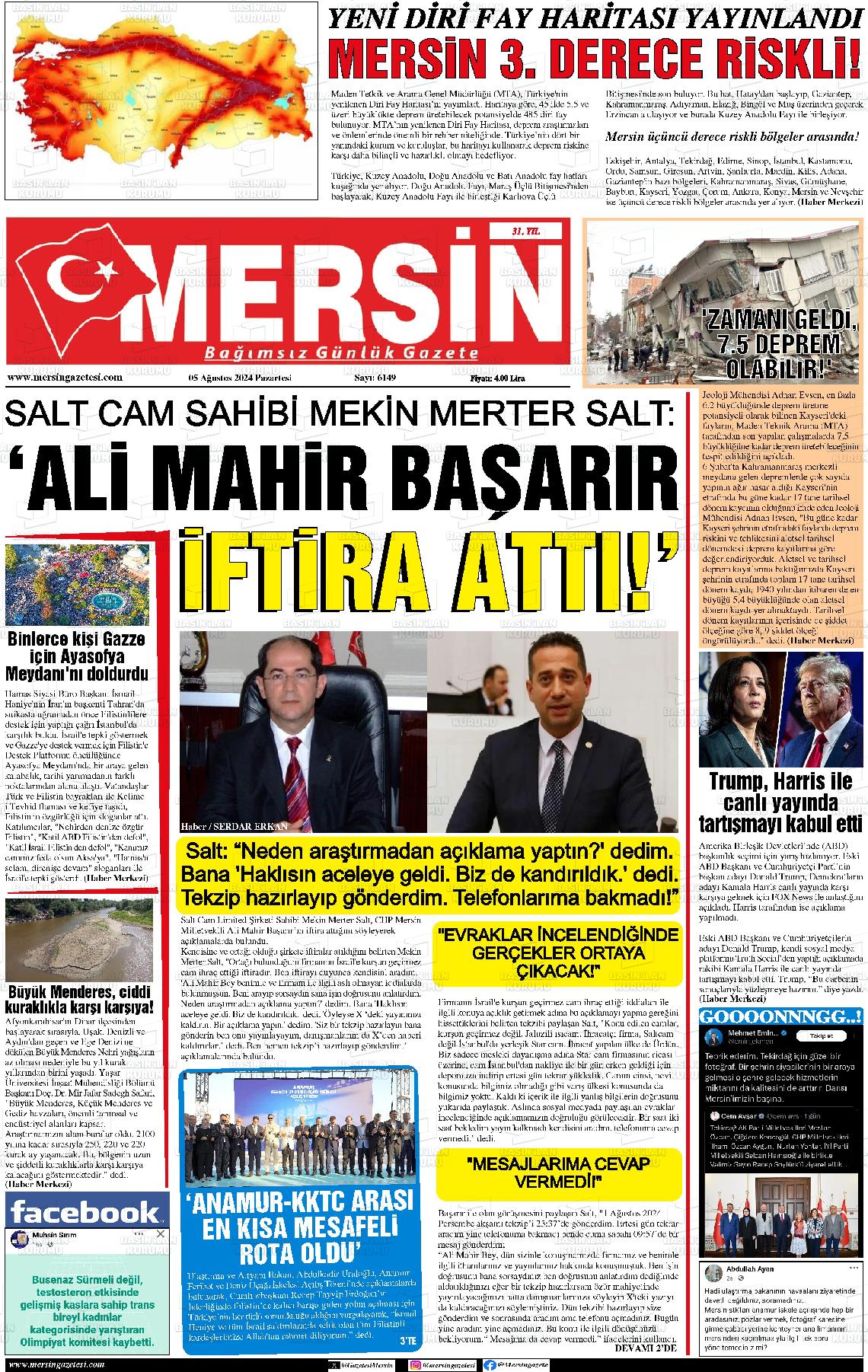 05 Ağustos 2024 Mersin Gazete Manşeti