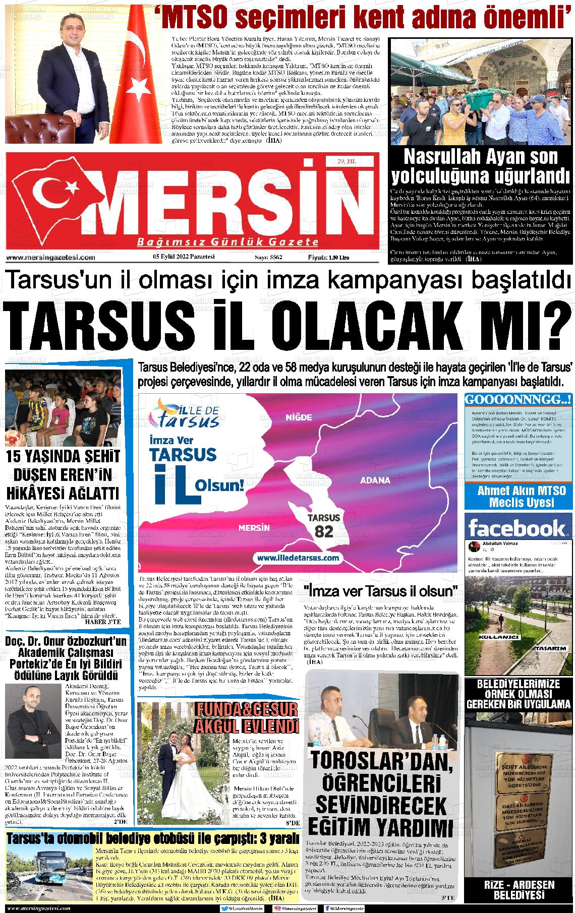 05 Eylül 2022 Mersin Gazete Manşeti