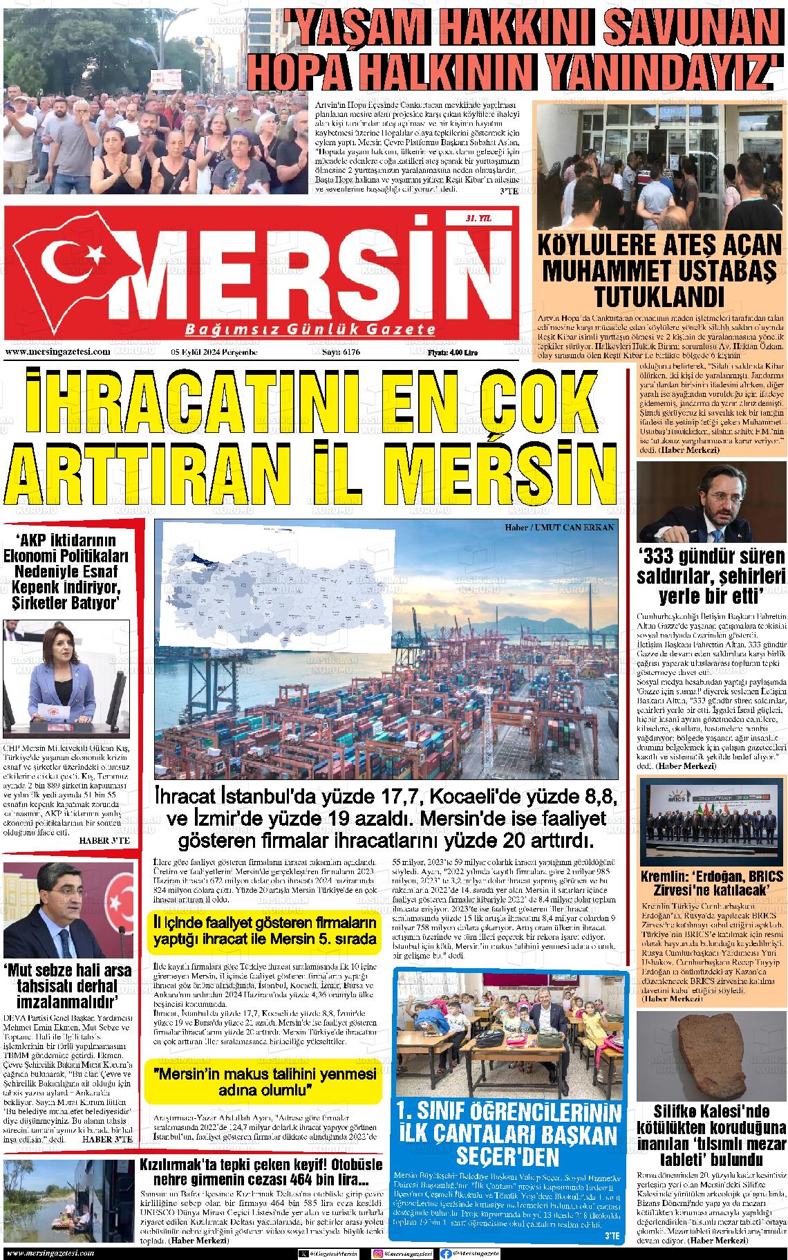 05 Eylül 2024 Mersin Gazete Manşeti