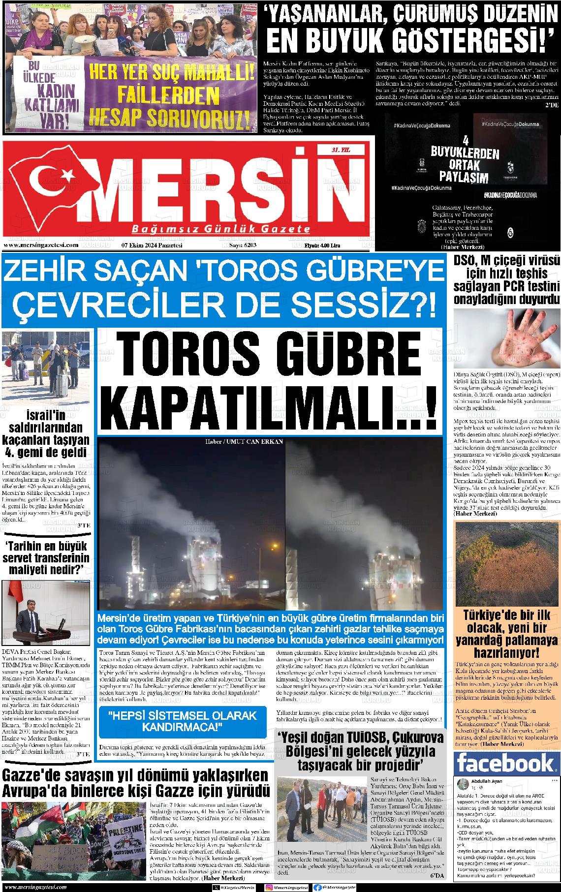 07 Ekim 2024 Mersin Gazete Manşeti