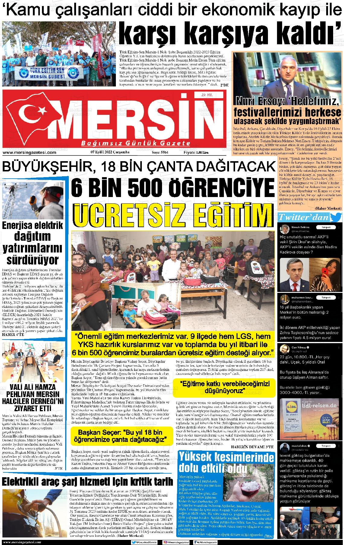 07 Eylül 2022 Mersin Gazete Manşeti