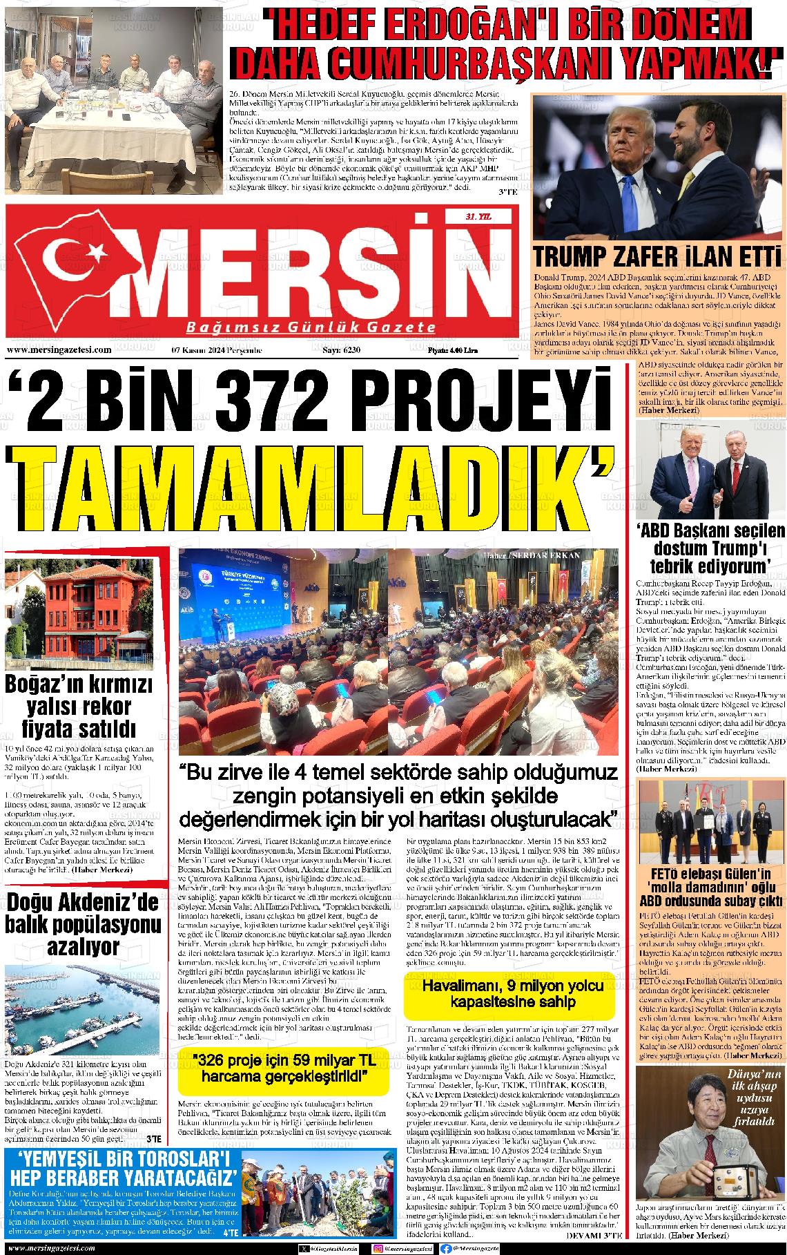 07 Kasım 2024 Mersin Gazete Manşeti