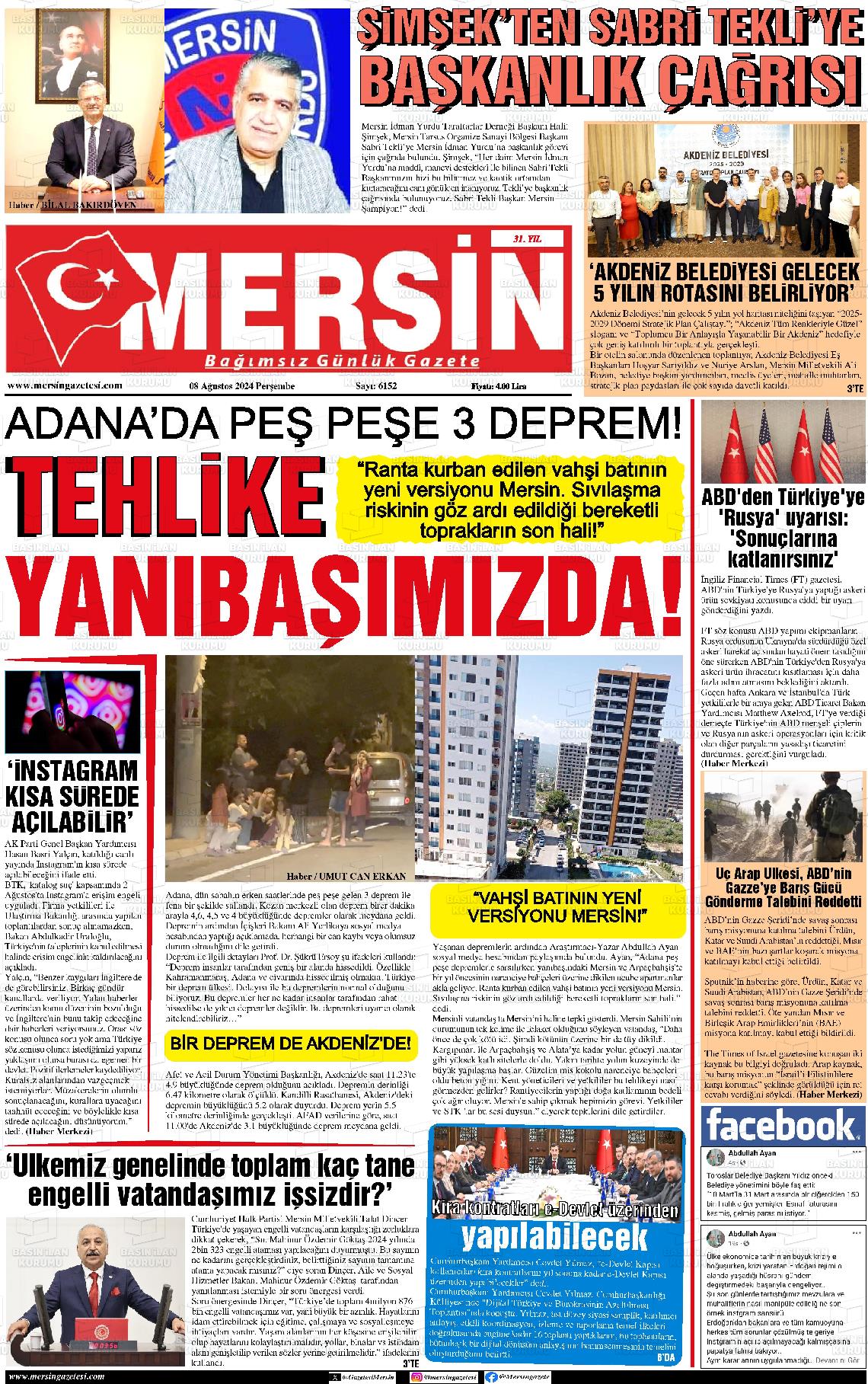 08 Ağustos 2024 Mersin Gazete Manşeti