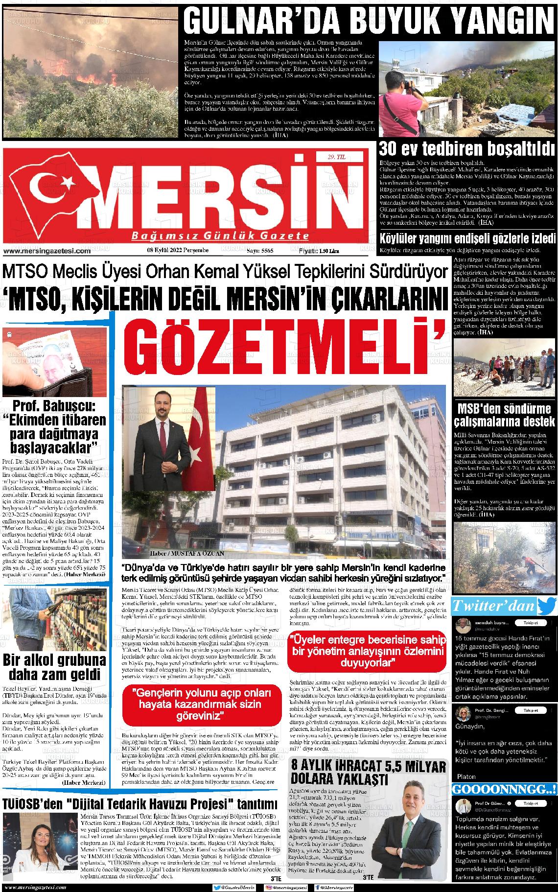 08 Eylül 2022 Mersin Gazete Manşeti