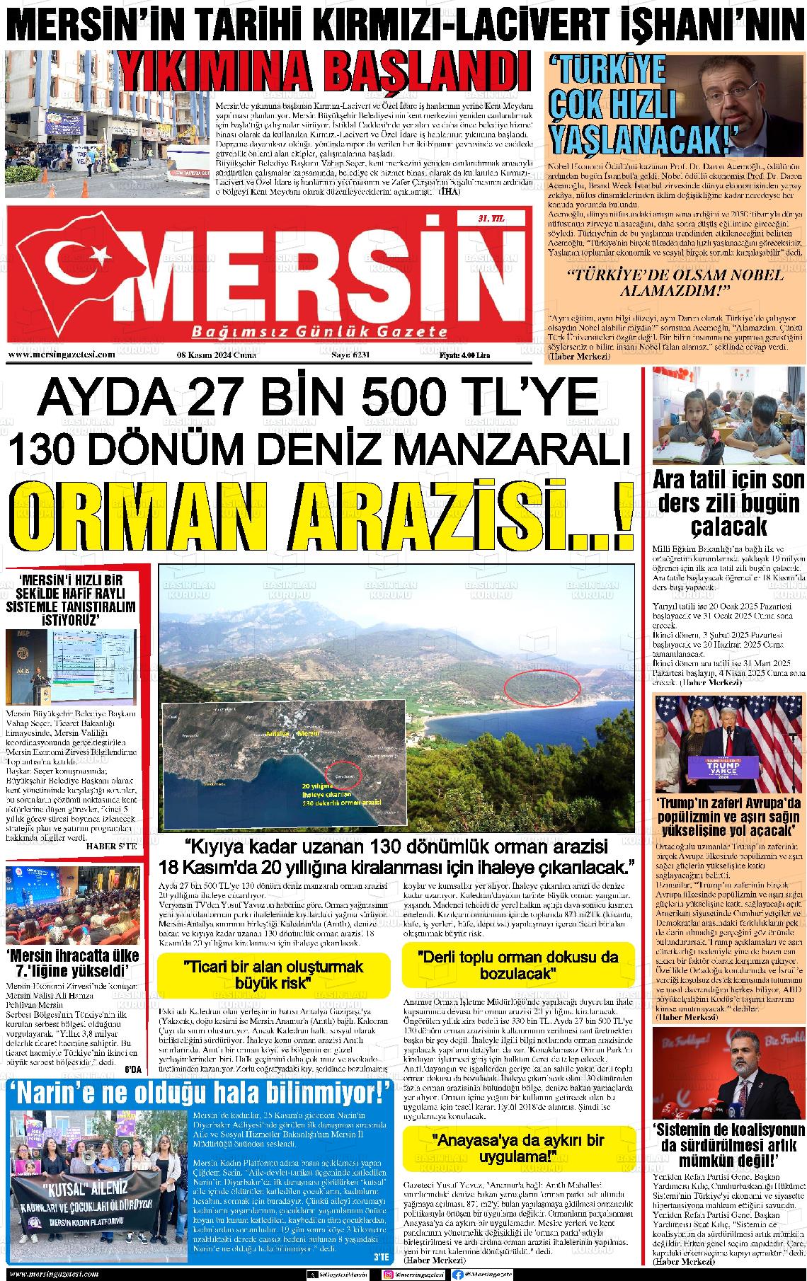 08 Kasım 2024 Mersin Gazete Manşeti