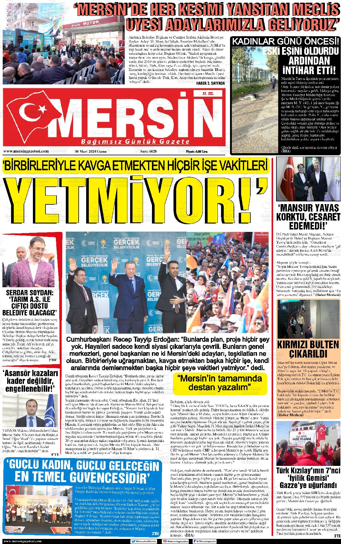 08 Mart 2024 Mersin Gazete Manşeti