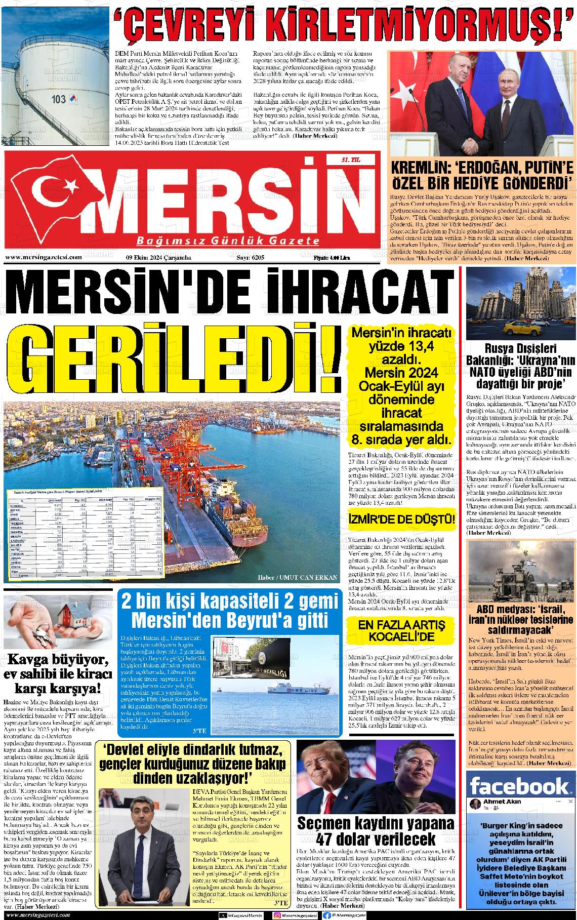 09 Ekim 2024 Mersin Gazete Manşeti