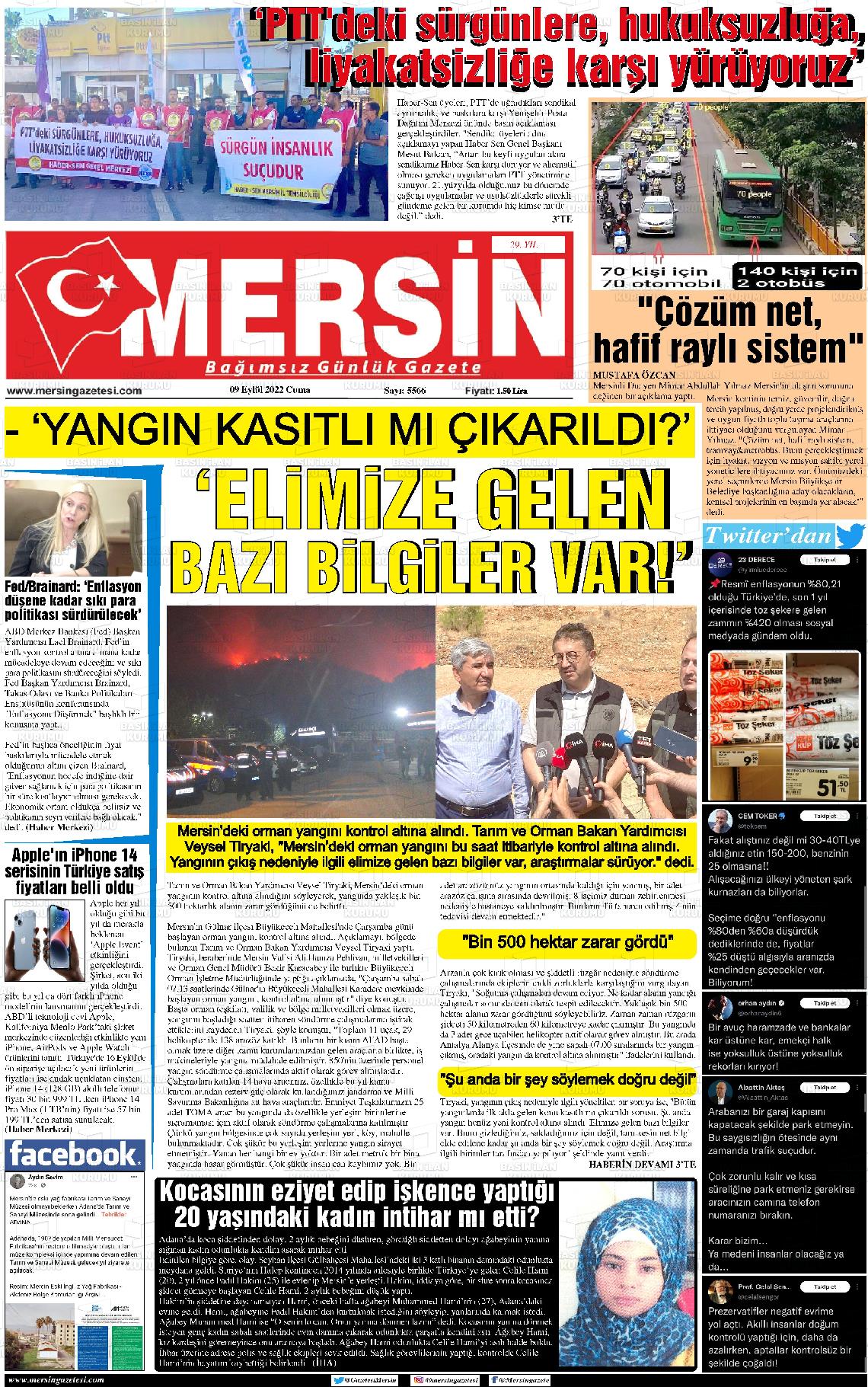 09 Eylül 2022 Mersin Gazete Manşeti