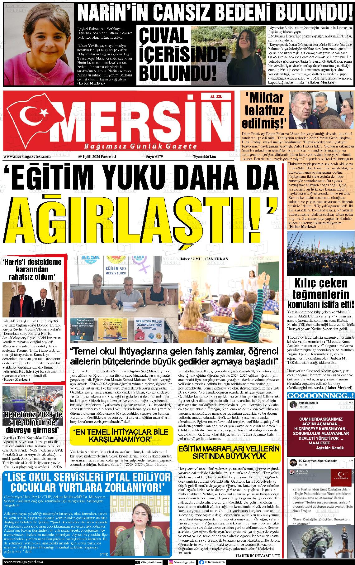 09 Eylül 2024 Mersin Gazete Manşeti