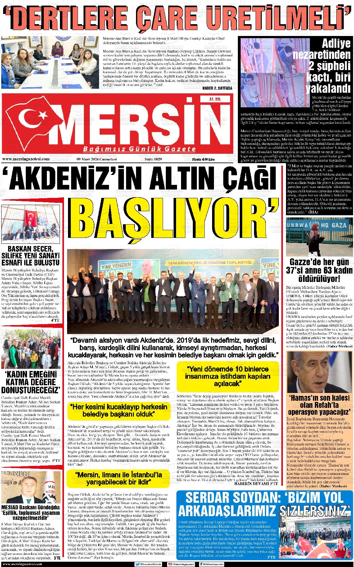 09 Mart 2024 Mersin Gazete Manşeti