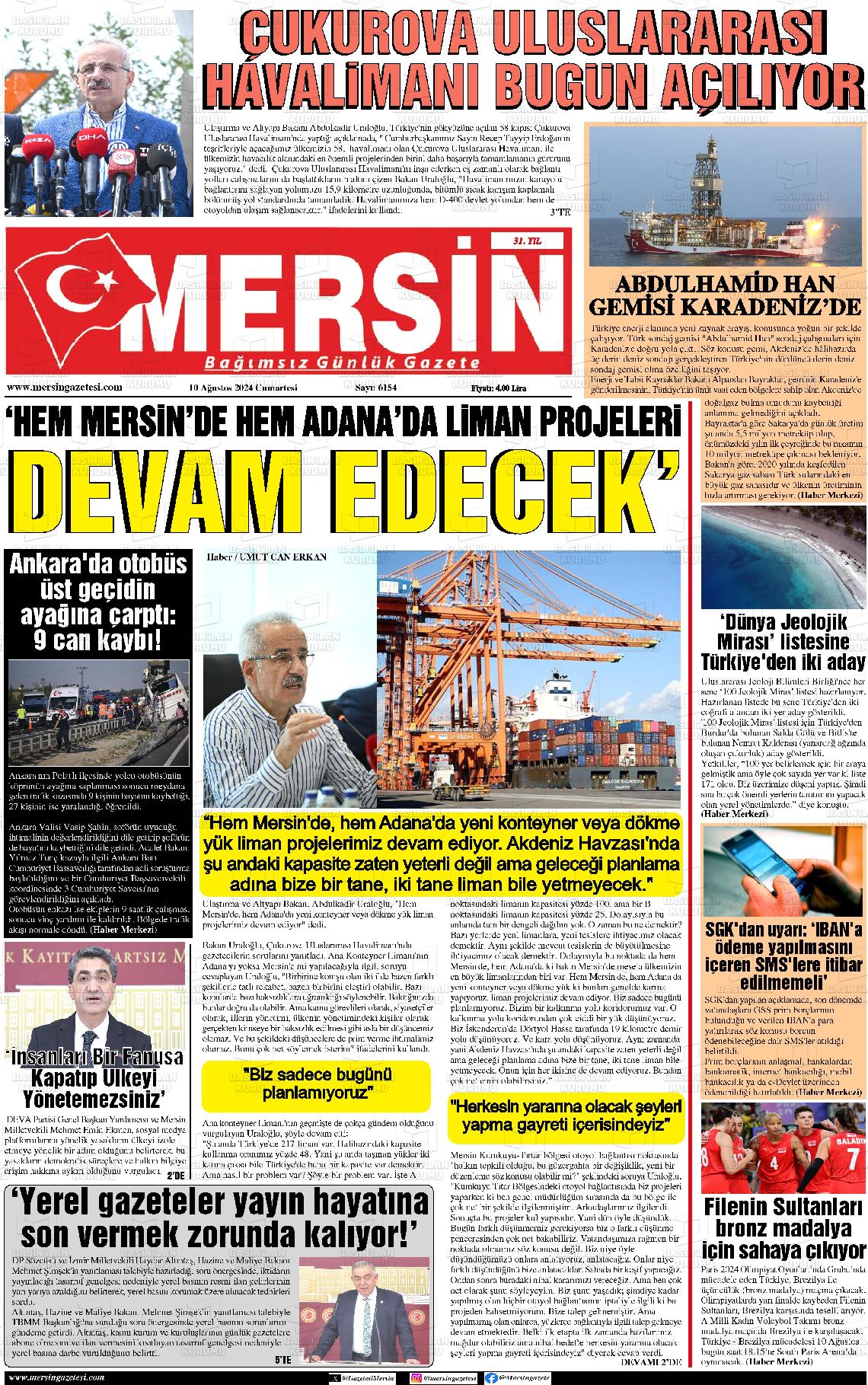 10 Ağustos 2024 Mersin Gazete Manşeti