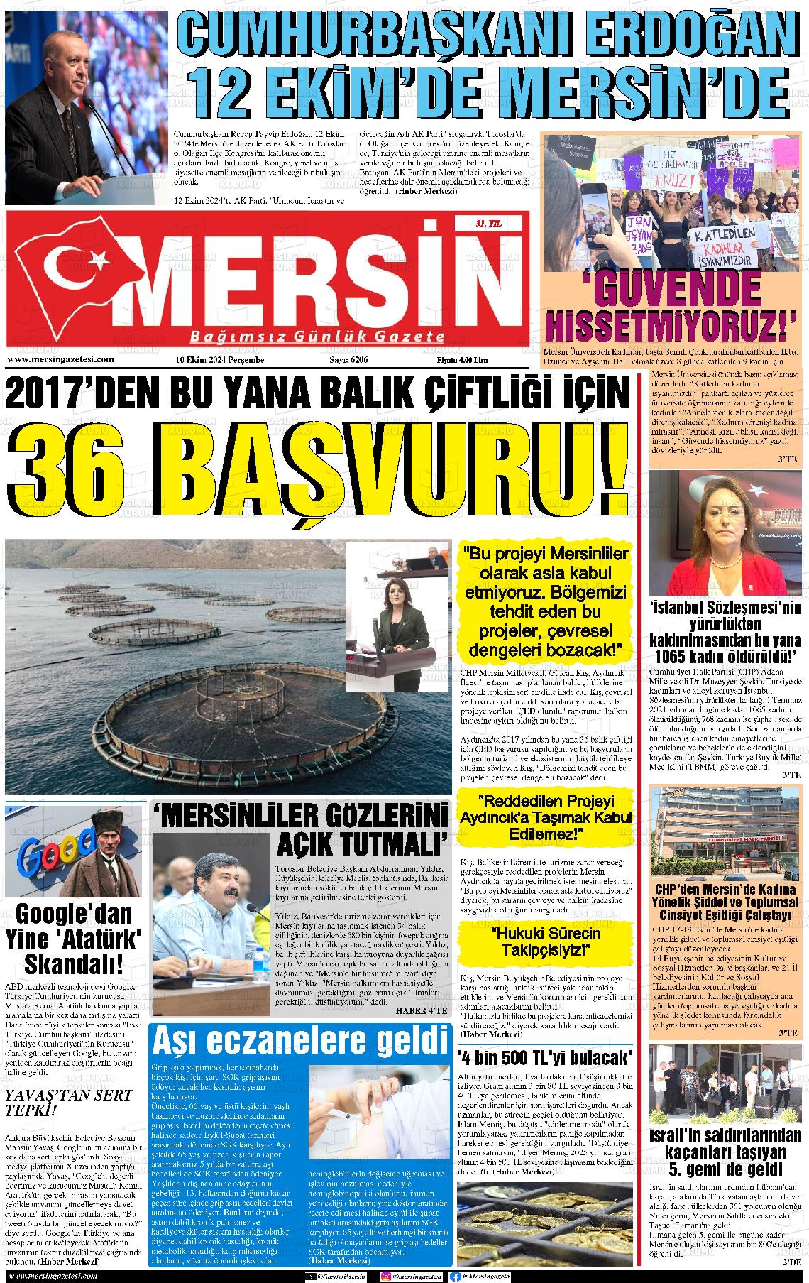 10 Ekim 2024 Mersin Gazete Manşeti