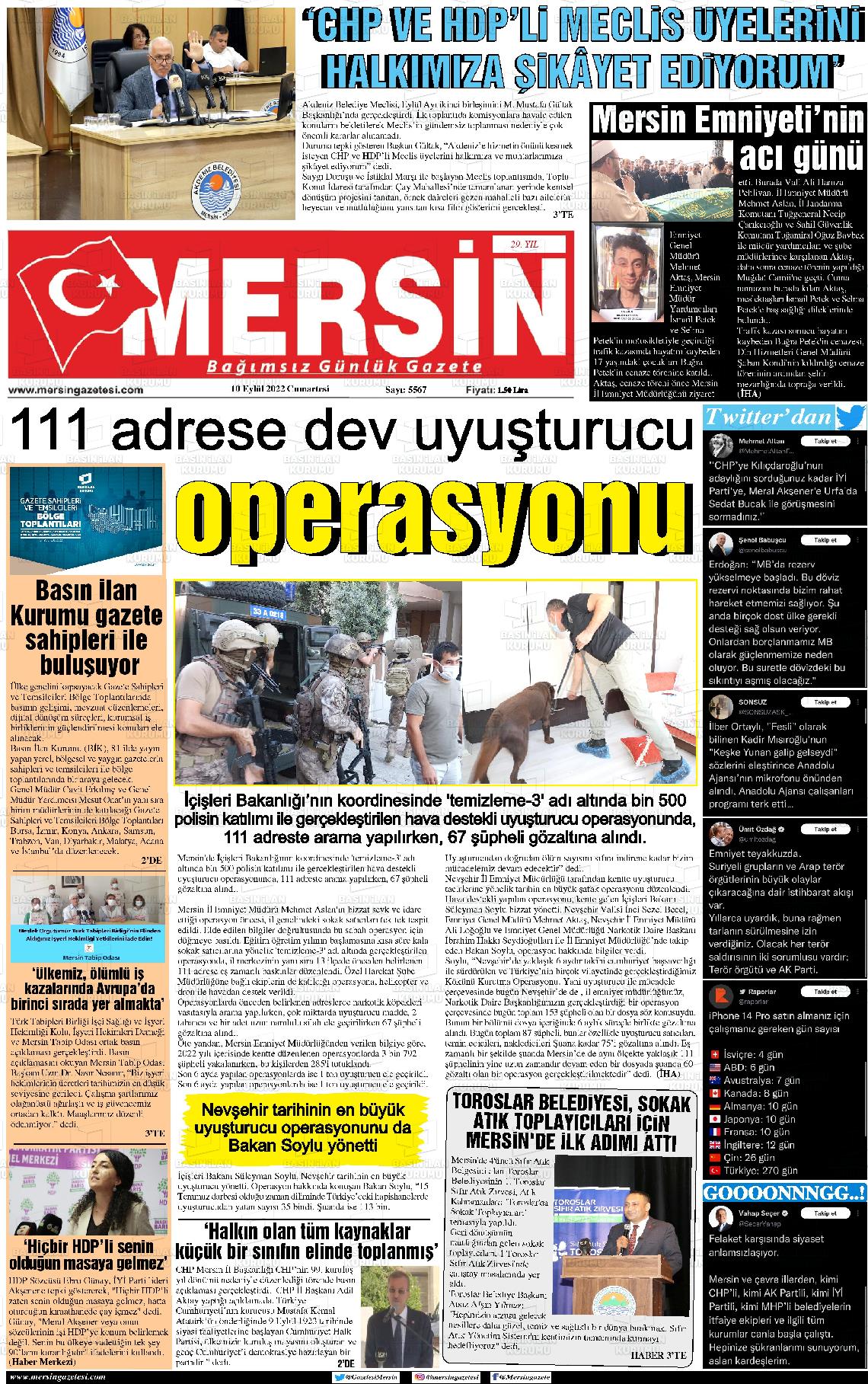 10 Eylül 2022 Mersin Gazete Manşeti