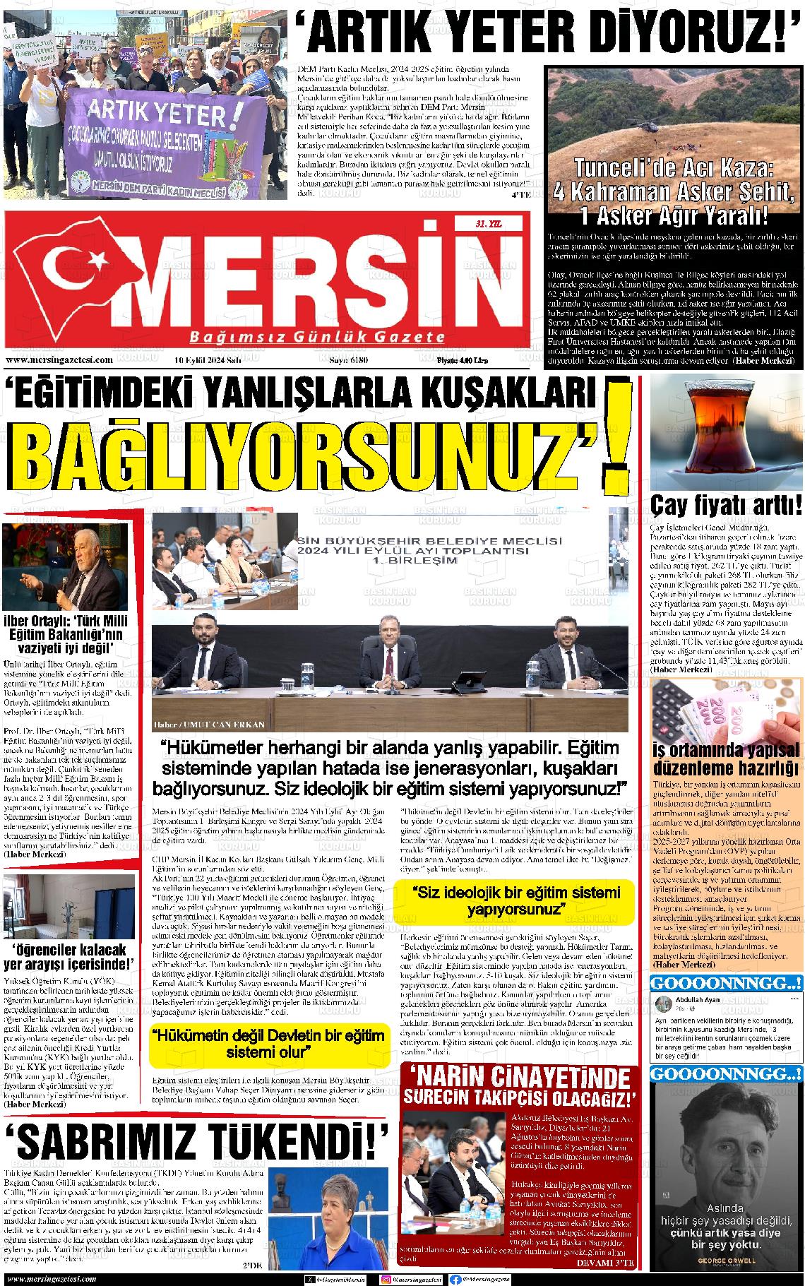 10 Eylül 2024 Mersin Gazete Manşeti