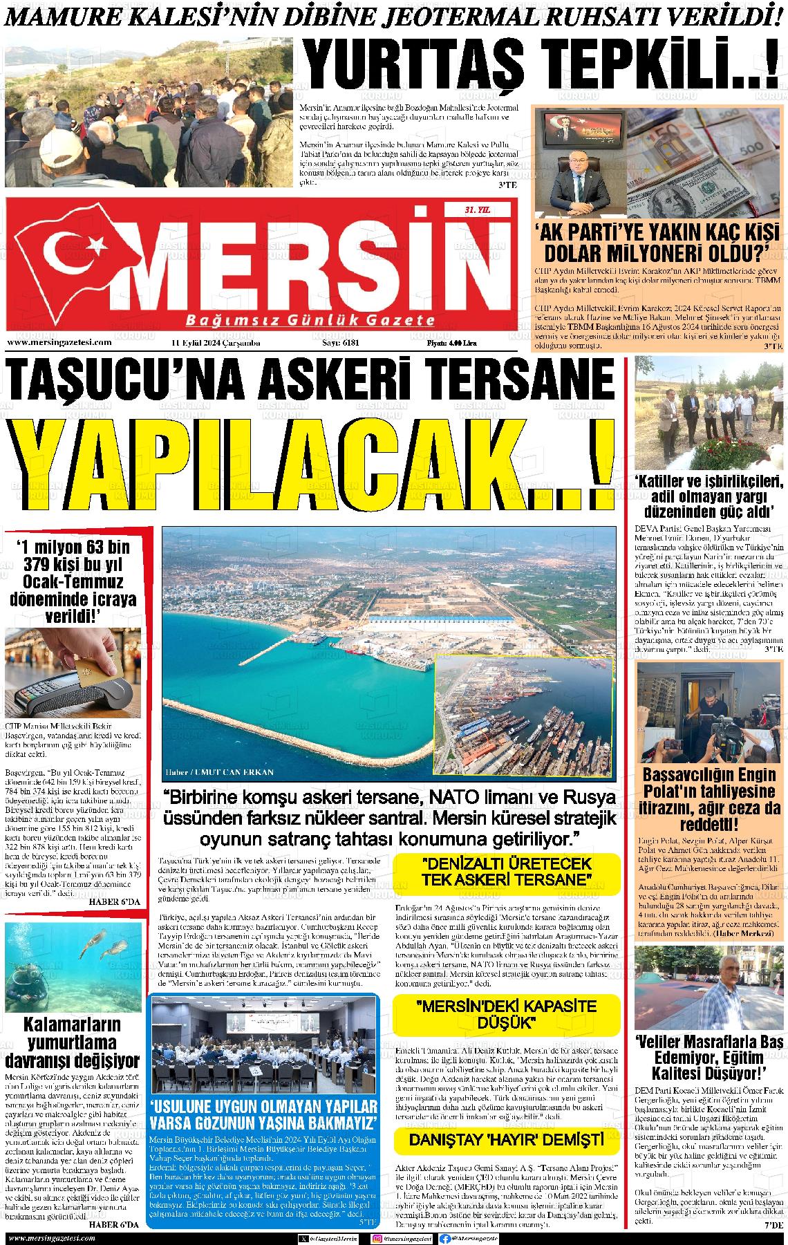 11 Eylül 2024 Mersin Gazete Manşeti