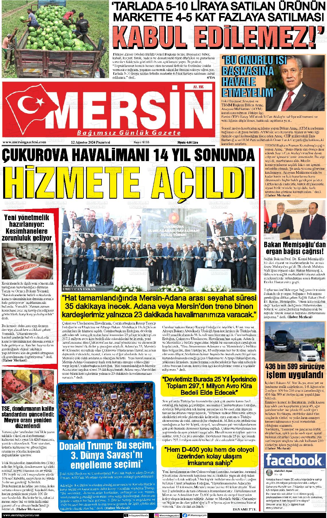 12 Ağustos 2024 Mersin Gazete Manşeti