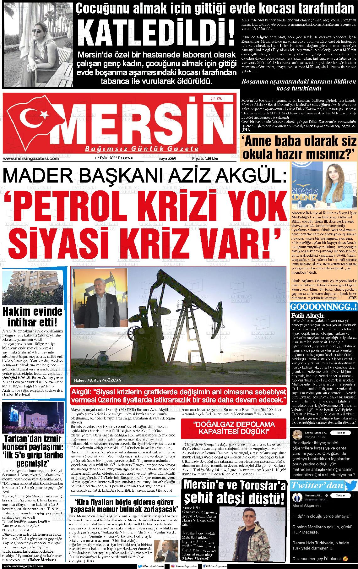 12 Eylül 2022 Mersin Gazete Manşeti