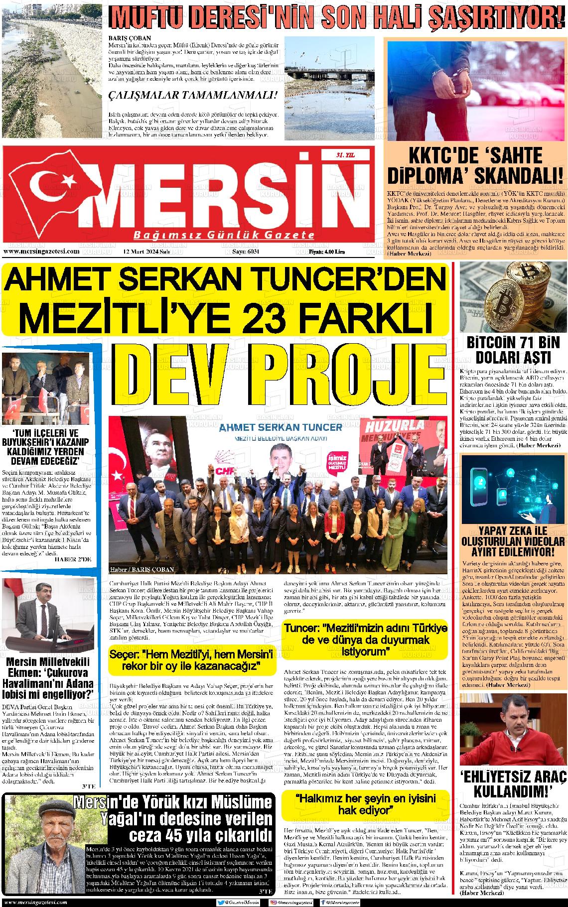 12 Mart 2024 Mersin Gazete Manşeti