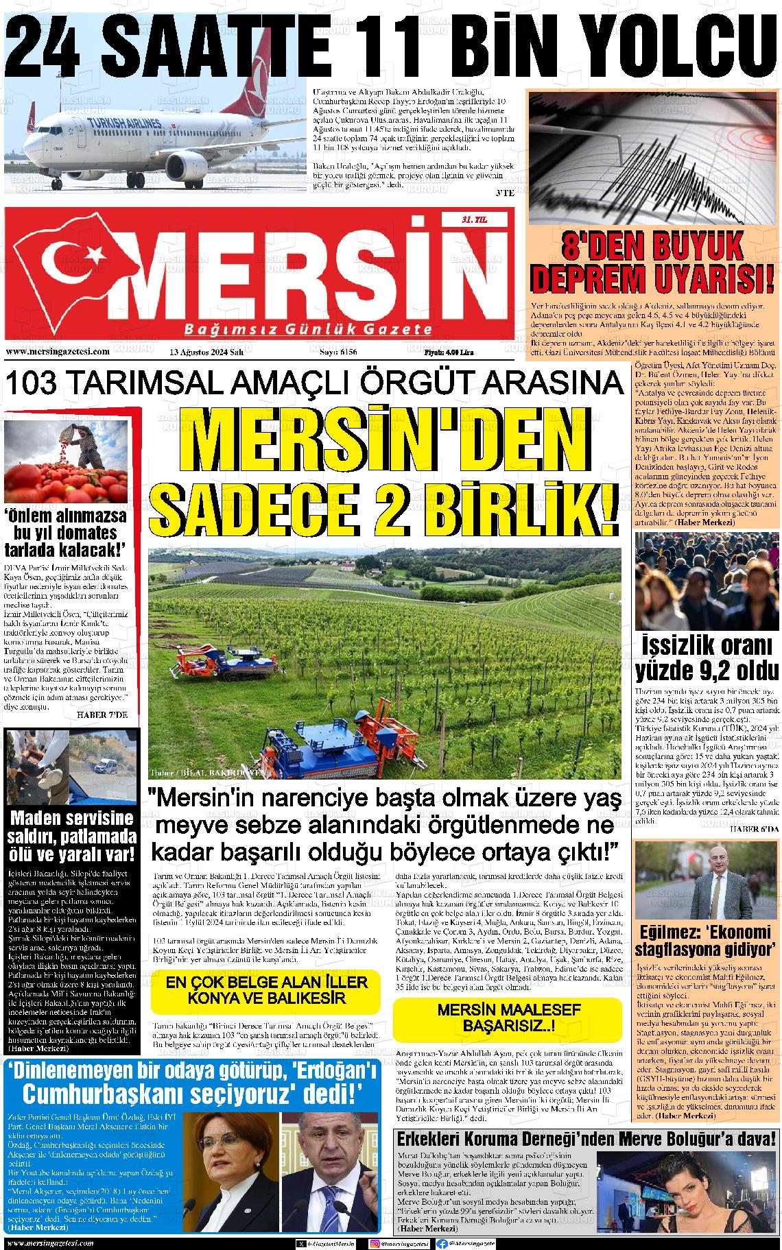 13 Ağustos 2024 Mersin Gazete Manşeti