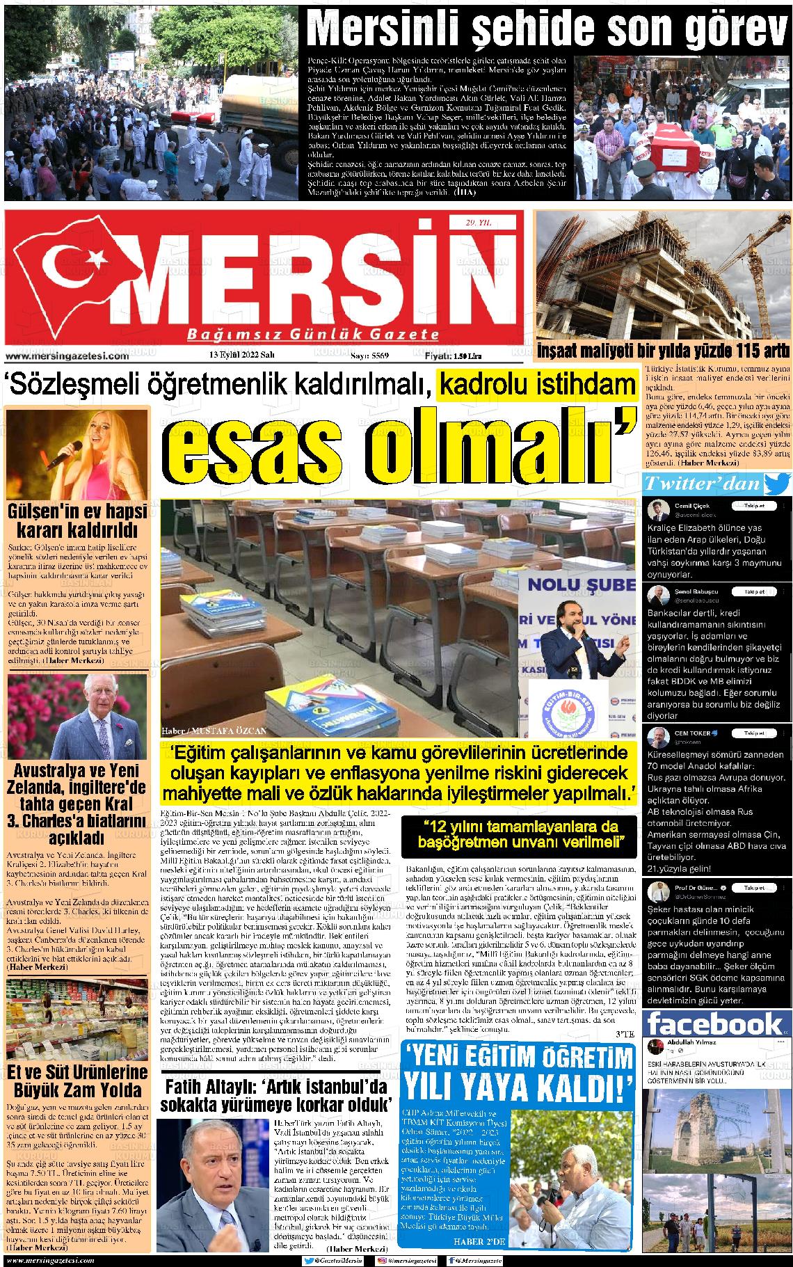 13 Eylül 2022 Mersin Gazete Manşeti