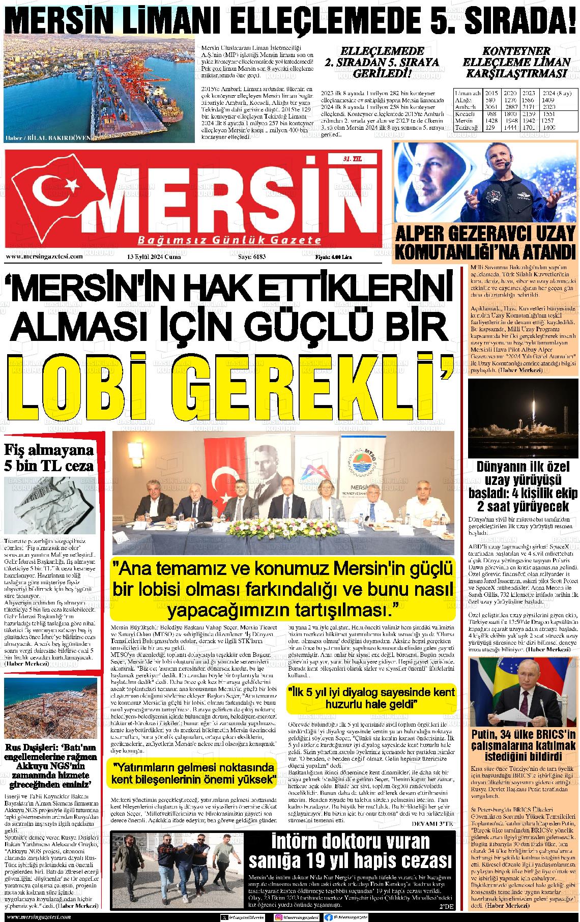 13 Eylül 2024 Mersin Gazete Manşeti