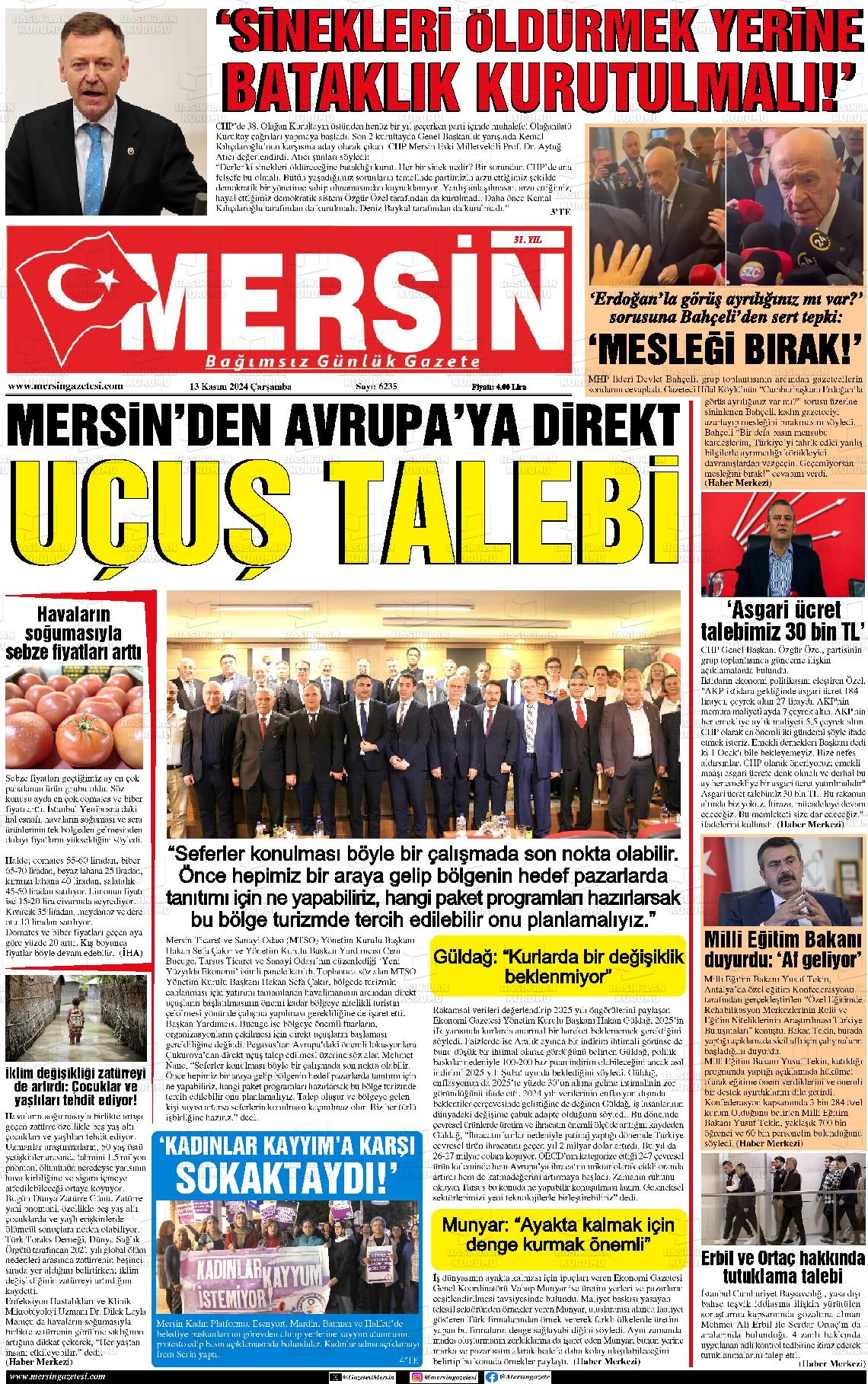 13 Kasım 2024 Mersin Gazete Manşeti