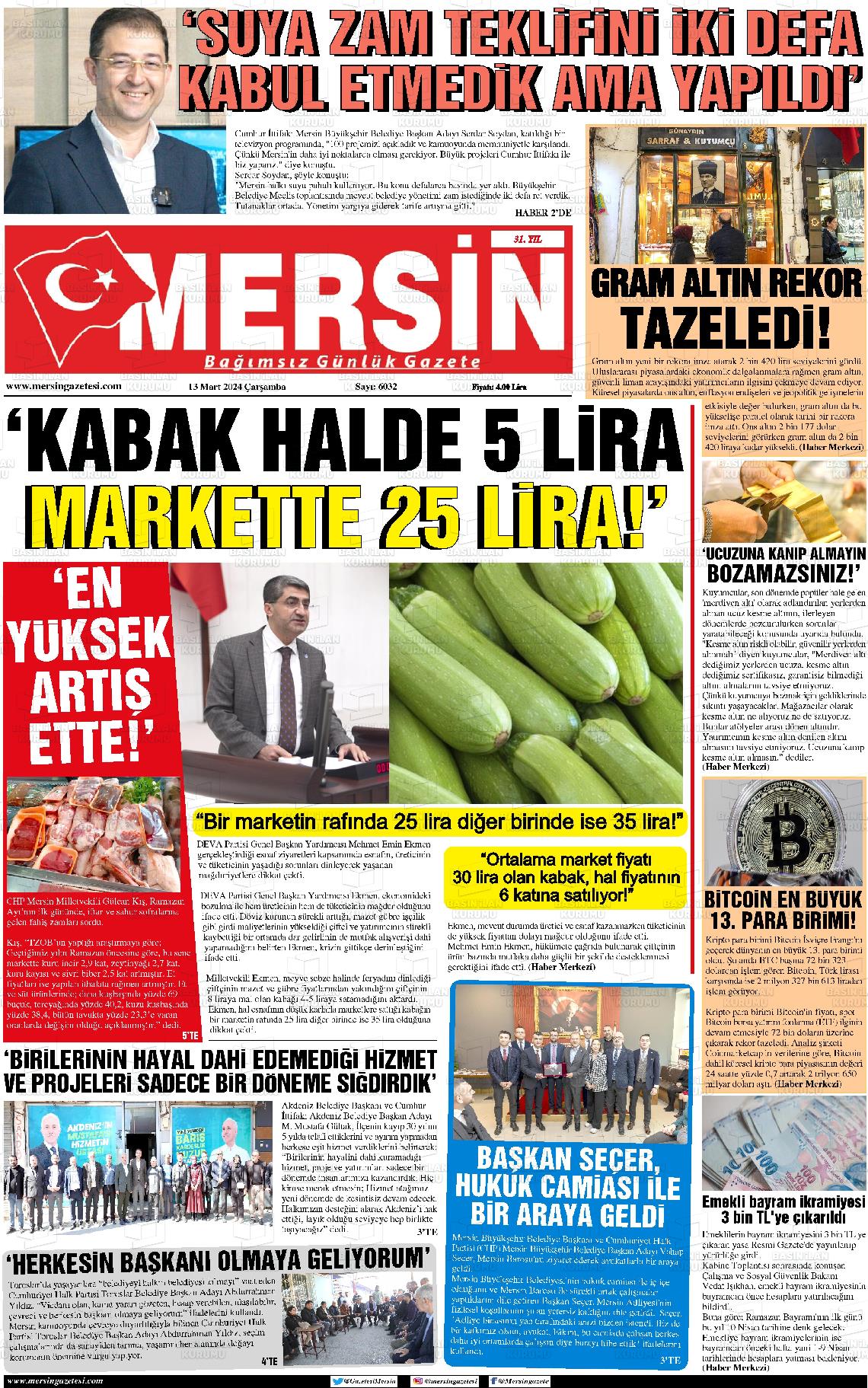 13 Mart 2024 Mersin Gazete Manşeti