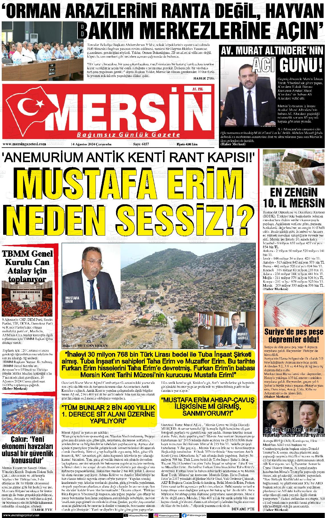 14 Ağustos 2024 Mersin Gazete Manşeti