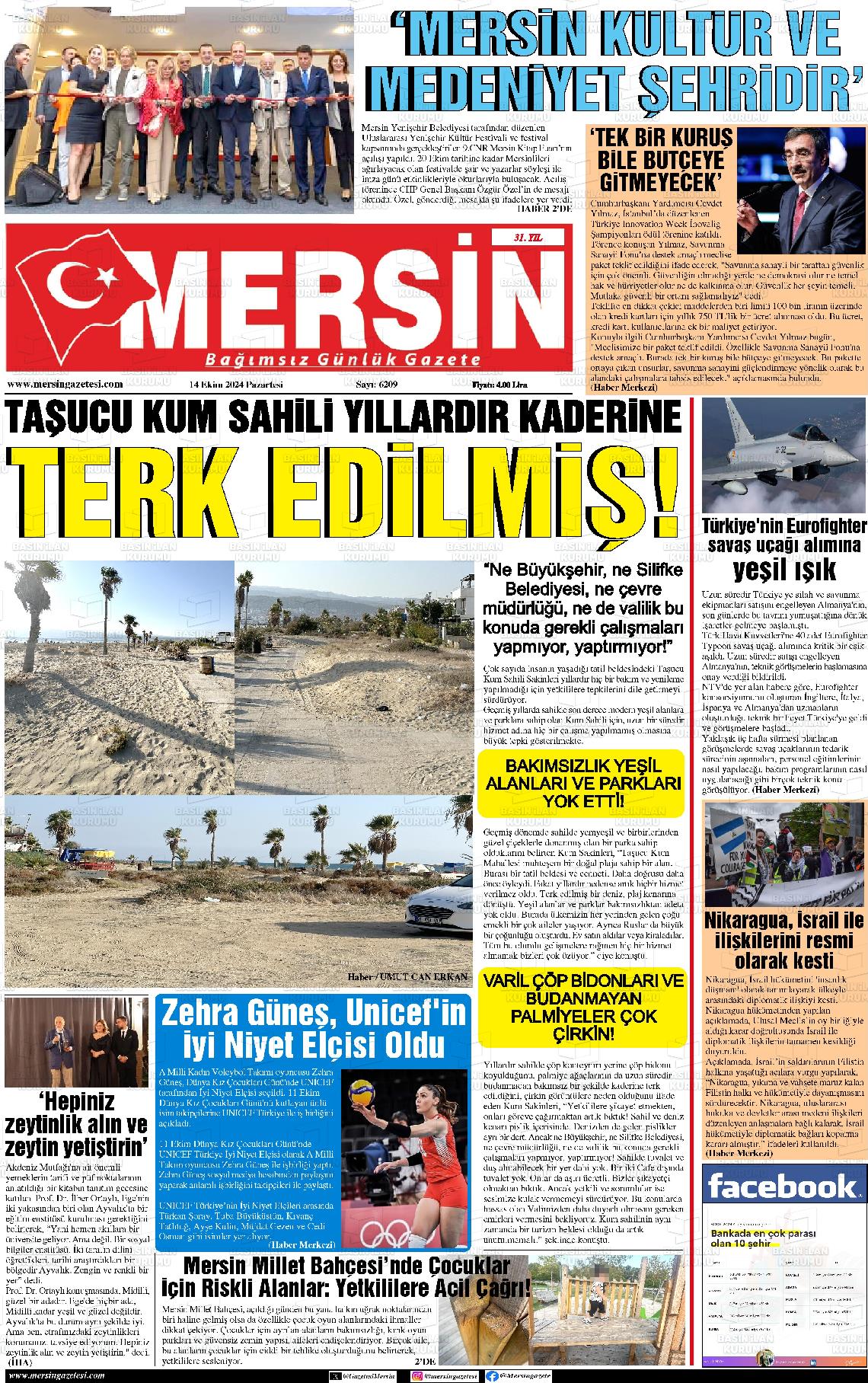 14 Ekim 2024 Mersin Gazete Manşeti