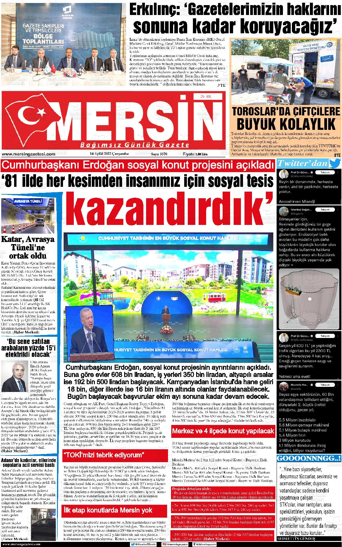 14 Eylül 2022 Mersin Gazete Manşeti