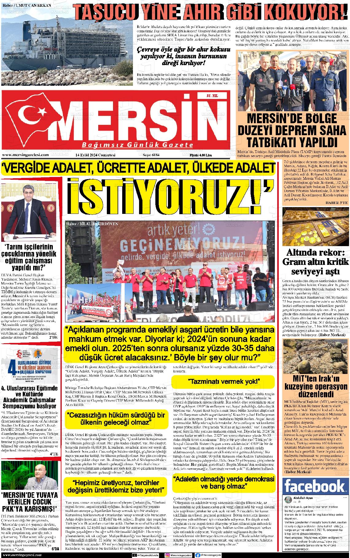 14 Eylül 2024 Mersin Gazete Manşeti