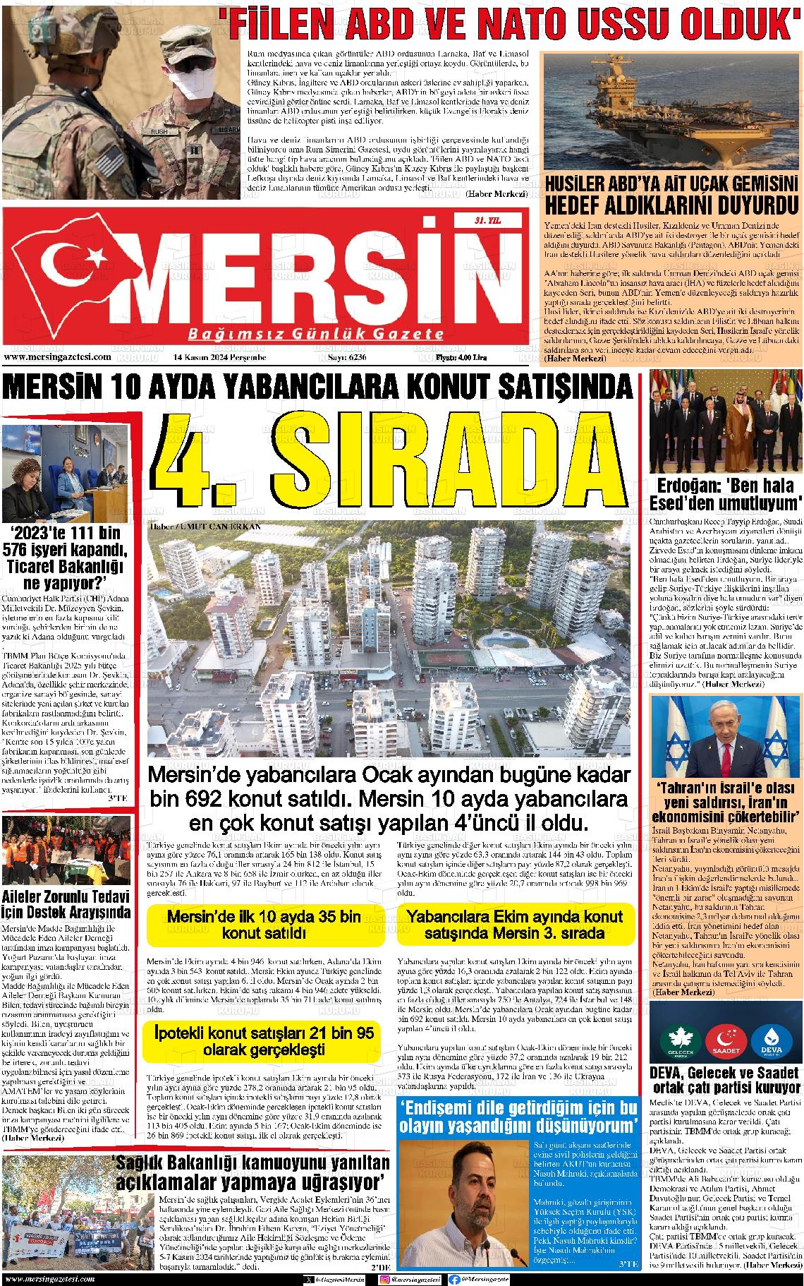 14 Kasım 2024 Mersin Gazete Manşeti