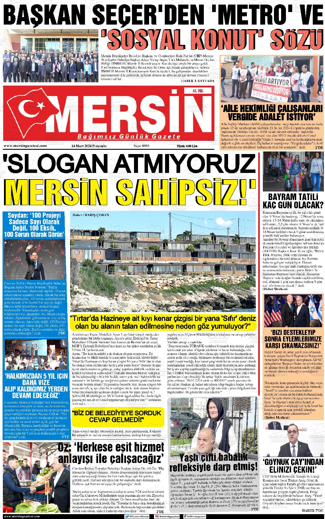 14 Mart 2024 Mersin Gazete Manşeti