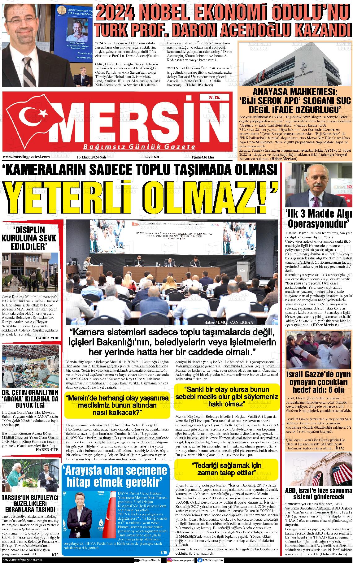 15 Ekim 2024 Mersin Gazete Manşeti